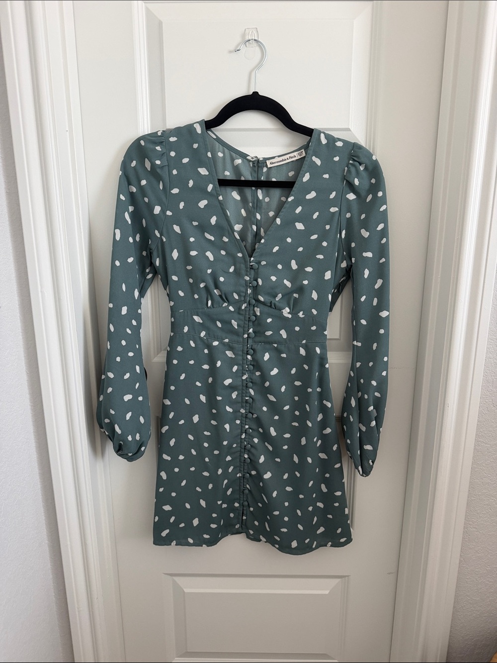 Abercrombie & Fitch Sage Green Long-Sleeve Button Dress with White Dot Print